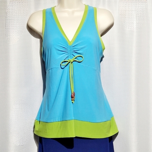 D.F.A. New York Blue & Green V-neck Summer Top with Cinched Bodice (XL) - Picture 1 of 10